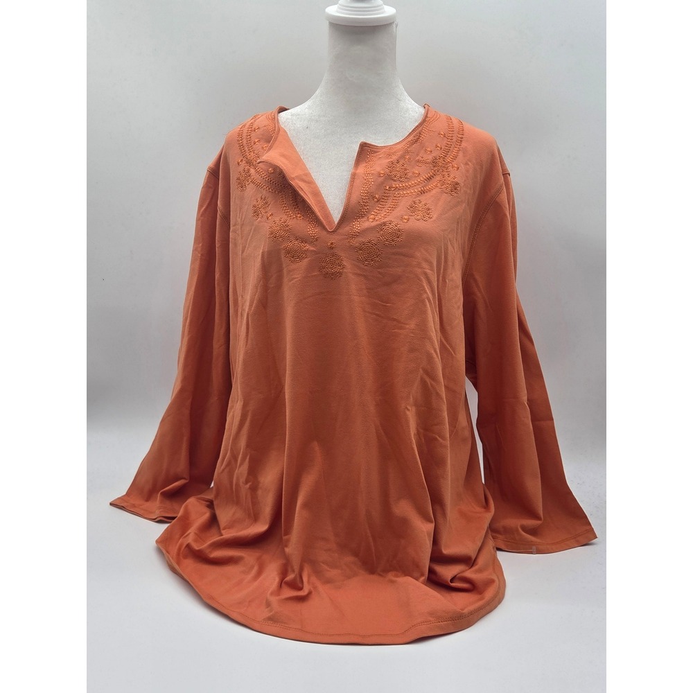 Liz Claiborne Women's 2X Orange Embroidered Split Neck Long Sleeve Top 101-408